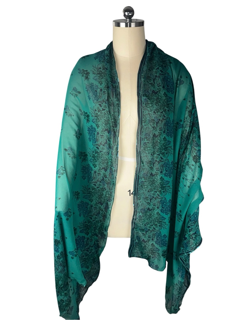 Oversized Teal Green Floral Shawl Wrap Scarf Sequin Trim